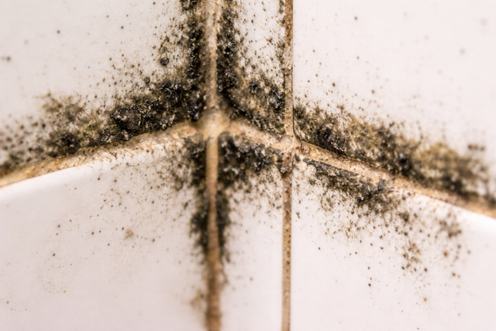 Severe black mold in bathroom tile grout requiring professional remediation in Eastvale, CA