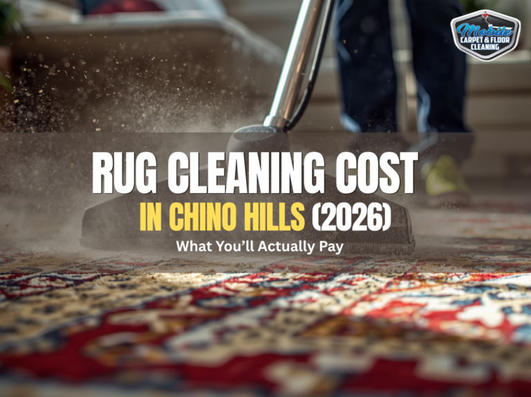 Professional rug cleaning service in Chino Hills California 2026 showing steam cleaning of an oriental rug by Mobile Carpet and Floor Cleaning