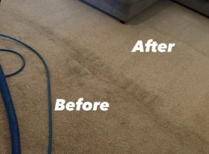 Before and after carpet cleaning on a heavily soiled living room traffic lane in a Chino Hills home