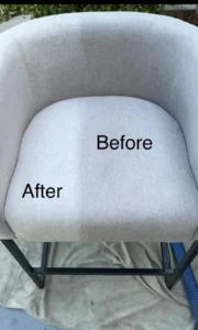 Before and after upholstery cleaning on a gray accent chair in Chino Hills showing restored fabric color