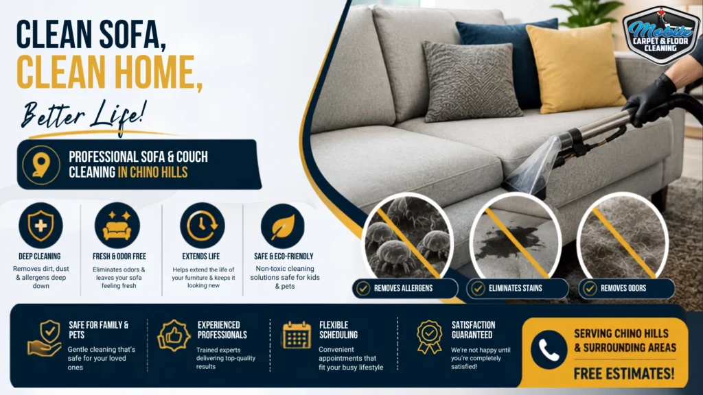 Infographic showing allergens, stains, and odors being removed during professional sofa cleaning in Chino Hills