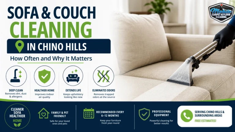 Infographic showing the benefits of sofa and couch cleaning in Chino Hills including deep clean, healthier home, extended furniture life, and odor removal
