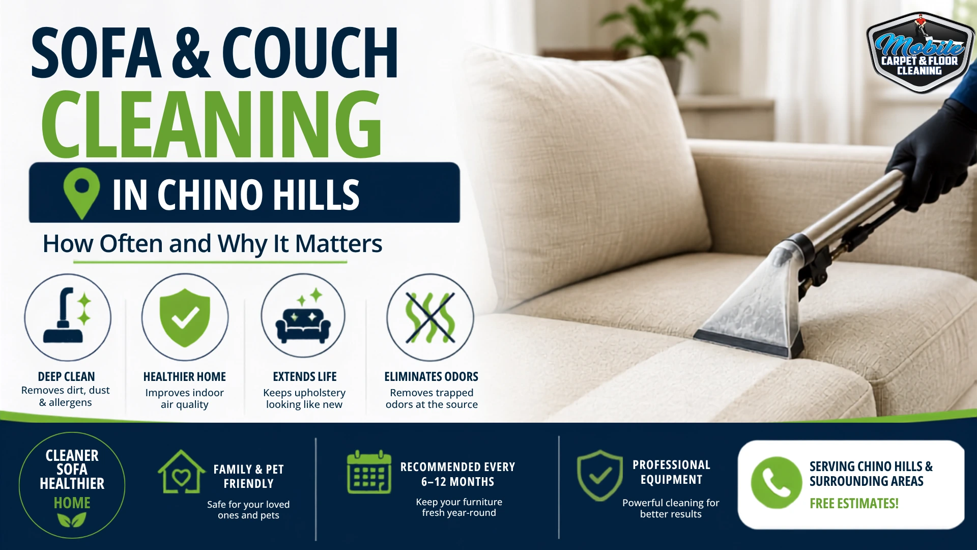 Infographic showing the benefits of sofa and couch cleaning in Chino Hills including deep clean, healthier home, extended furniture life, and odor removal