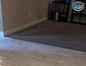 Freshly cleaned carpet and wood-look tile flooring side by side in a living room