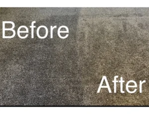 Before and after carpet cleaning showing a dark soiled traffic lane fully restored to a lighter, clean tone