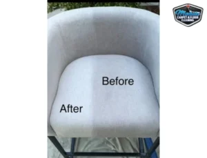 Before and after upholstery cleaning on a beige accent chair showing restored fabric tone
