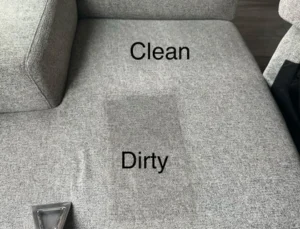 Gray fabric sofa cushion showing a clearly labeled clean section next to the original dirty section