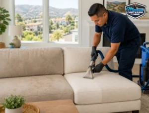 A Mobile Carpet & Floor Cleaning technician steam cleaning a beige sectional sofa in a bright living room